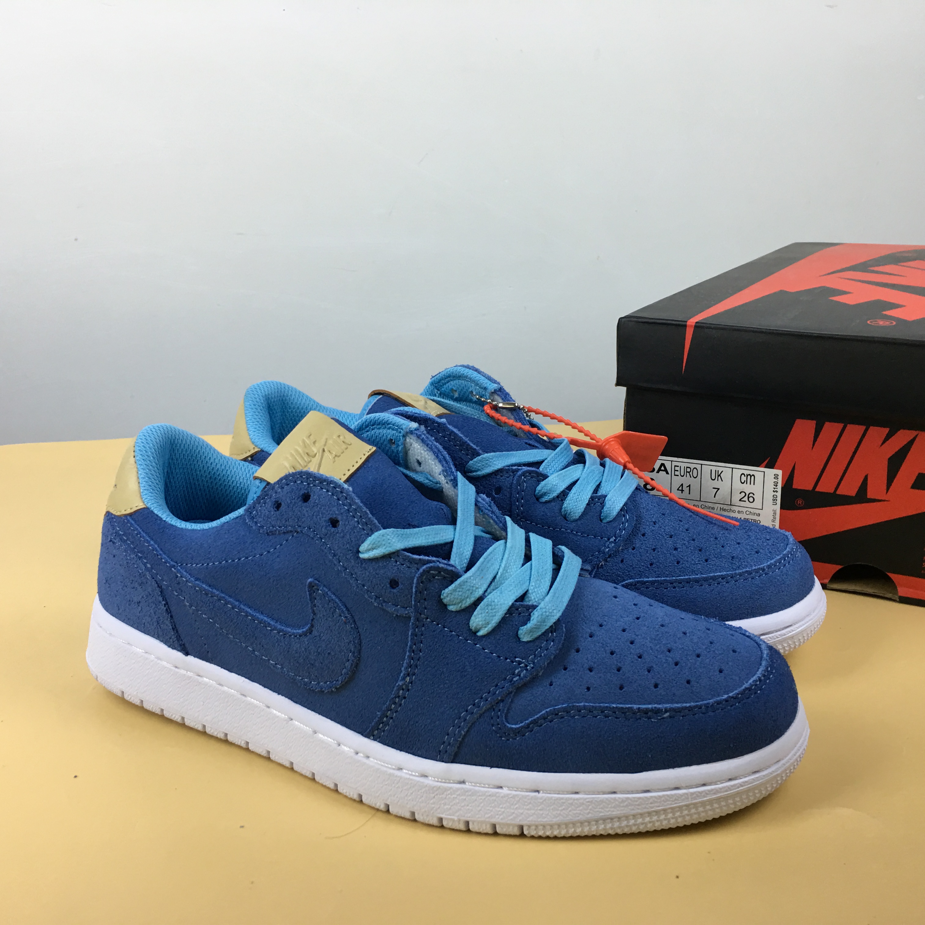 Women Air Jordan 1 Low “Tan” PRM Blue Shoes - Click Image to Close